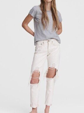 Rag & Bone Rosa Mid-Rise Boyfriend Jeans in Ecru. Size 25